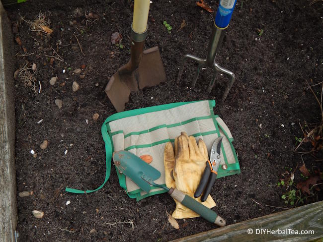 Basic gardening tools for planting an herbal tea garden — trowel, gloves, pruning shears, shovel, and garden fork on soil Basic gardening tools for planting an herbal tea garden — trowel, gloves, pruning shears, shovel, and garden fork on soil